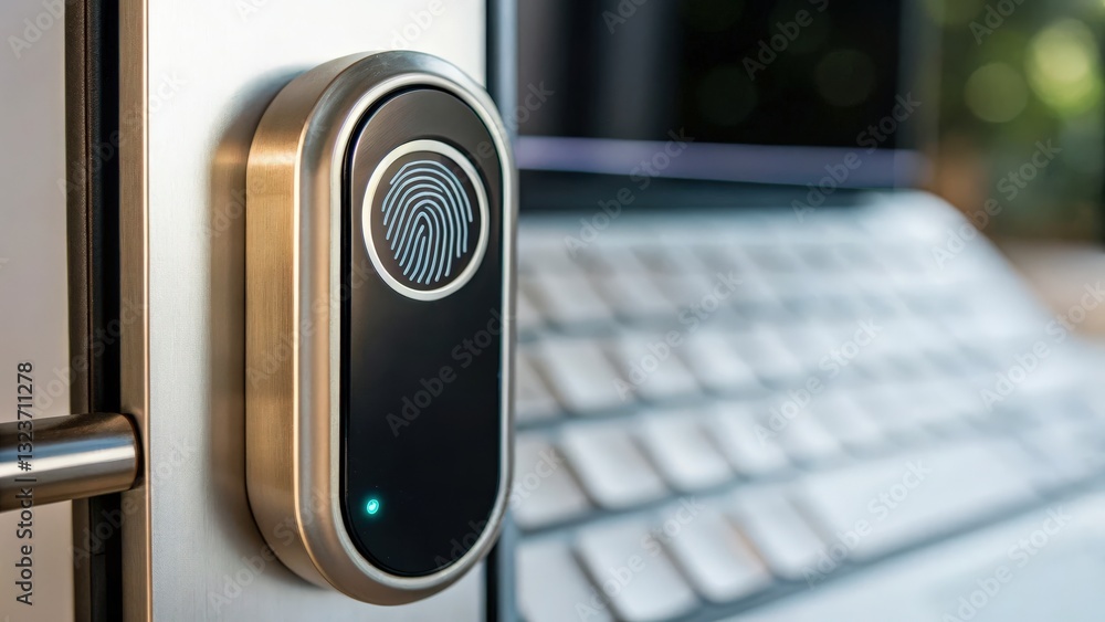Poster cyber security ransomware prevention concept. smart door lock with fingerprint scanner and keyboard 