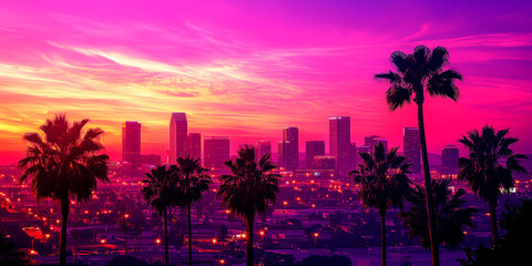 Retro-futuristic synthwave cityscape. glowing neon sunset. 80s-style. Nostalgic digital art with vibrant purples pinks. Banner cover poster background placard flier website. for. Generative Ai content