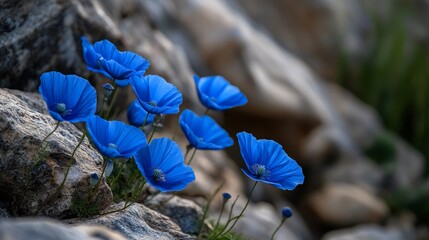 Sapphire Serenity: Blue Poppy Cascade on Rocky Terrain