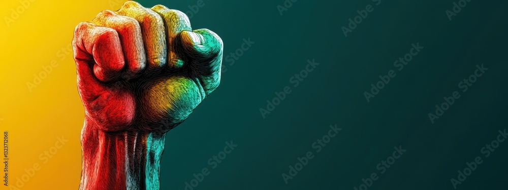 Poster powerful symbol of resistance and unity: raised fist against a dynamic background