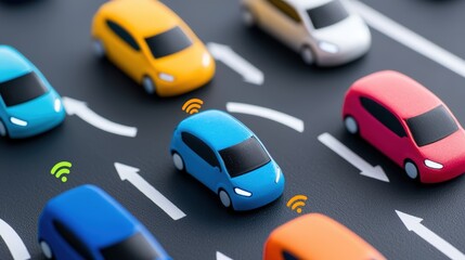 A colorful arrangement of toy cars navigating a road with directional arrows and wireless signals, symbolizing modern transportation and connectivity.