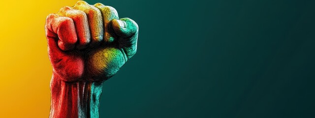Powerful Symbol of Resistance and Unity: Raised Fist Against a Dynamic Background