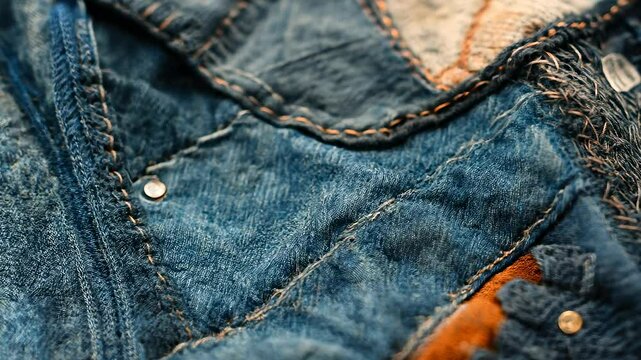 A patchwork denim jacket made from upcycled vintage fabrics. A recycled clothing design close-up.