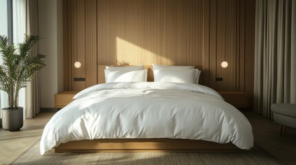 A haven of plush comfort, where a cloud-like white comforter cradled a slumbering figure, surrounded by plump pillows and a minimalist design, promising restful nights in a sanctuary of serenity.