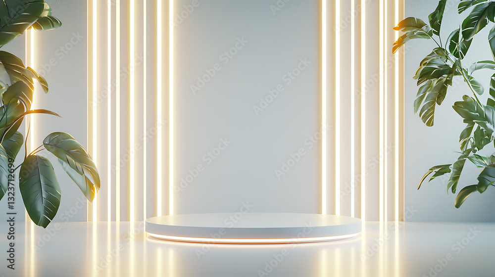 Aufkleber illuminated display stage with green plants modern studio setting high-quality visuals minimalistic 