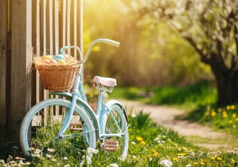Fototapeta premium Vintage blue bicycle with Easter basket on sunny spring pathway