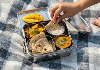 Indian tiffin box with chapati, mango, rice, curry, and vegetables on picnic blanket. A person's hand reaches in to pick up a piece of naan