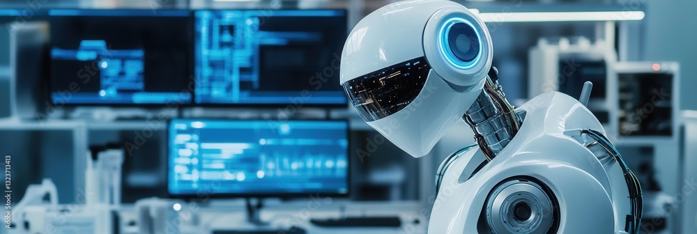 Poster Robot performs tasks in a high-tech laboratory with blinking lights and computer screens during daytime
