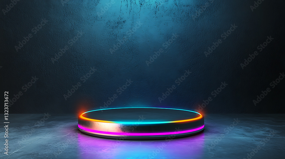 Poster illuminated stage with neon lights dark studio digital art creation modern setting low angle view fu