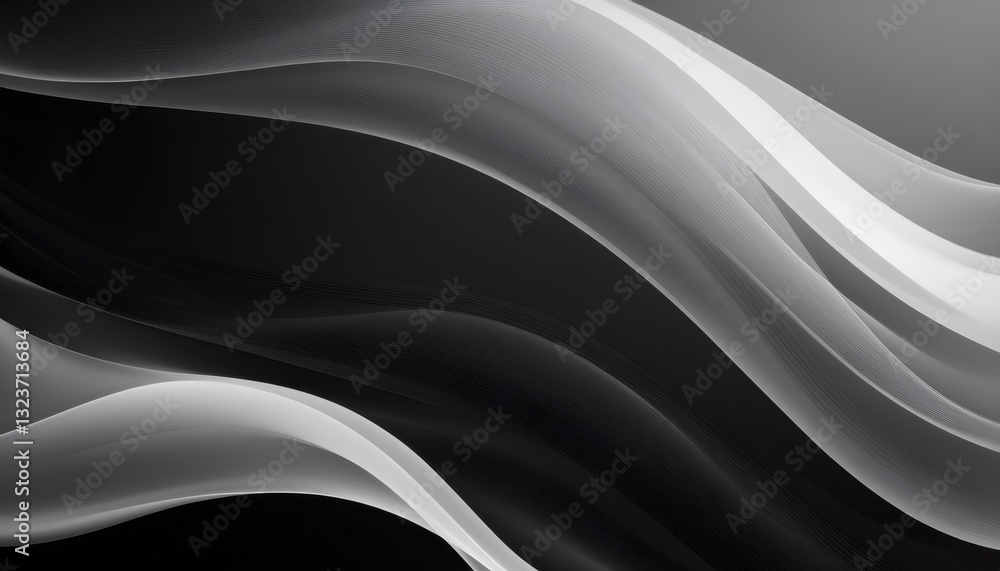 Poster flowing monochrome waves forming dynamic abstract pattern