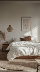 Cozy Bedroom: The sunlight streams into a bedroom, illuminating the bed's inviting linens and creating a warm and serene atmosphere. The image whispers of restful nights and tranquil mornings.