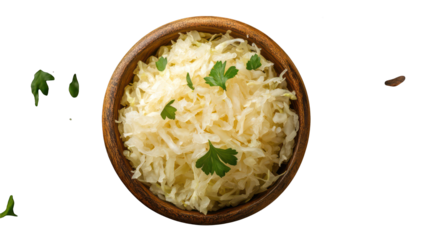 Fresh chopped sauerkraut from white cabbage, top view --ar 16:9