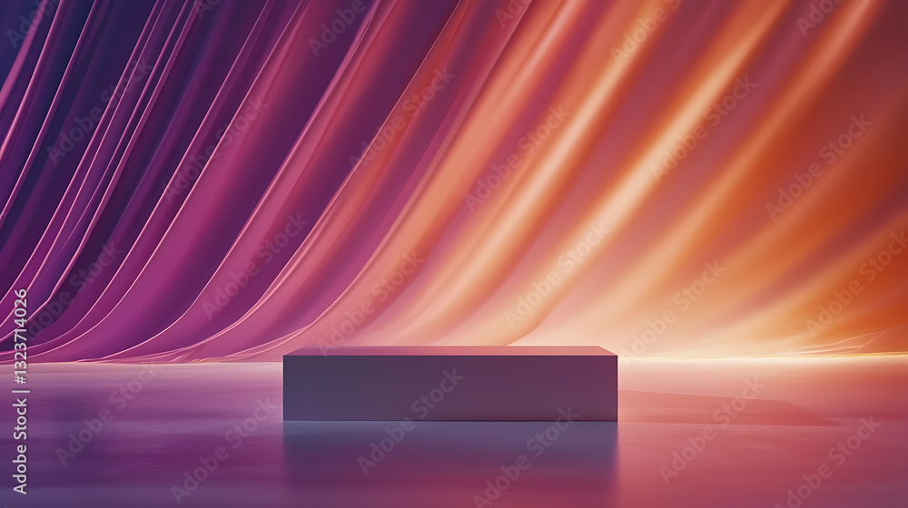 Poster showcase event stage with colorful drapes studio setting digital art display vibrant atmosphere clos