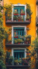 Fototapeta premium Colorful apartment balconies adorned with vibrant plants