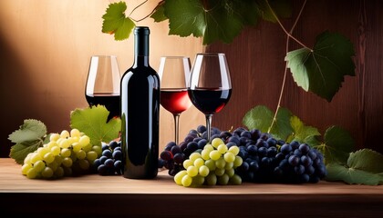 Fototapeta premium A composition featuring wine glasses and a bottle placed on a wooden surface, complemented by fresh grapes, creating a rustic yet elegant atmosphere with natural textures