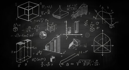 Complex geometric and mathematical formulas on black chalkboard with graphs and equations