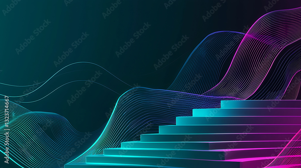 Poster dynamic waves of colorful light flowing over stairs in a modern digital environment