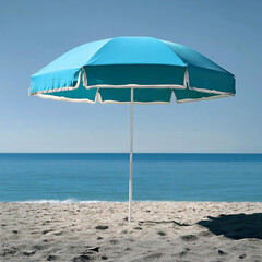 large blue umbrella standing on sandy beach facing a calm clear ocean horizon