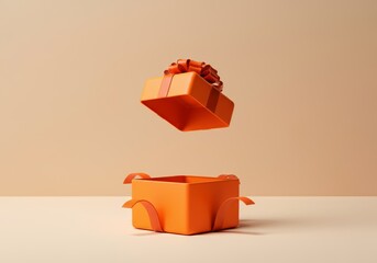 Open orange gift box floating with bow on beige background