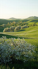 Obraz premium Rolling Hills and Blooming Trees: A serene landscape of rolling hills and vibrant trees in full bloom, kissed by the gentle light of the morning sun.