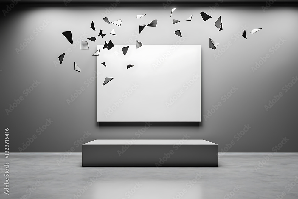 Poster artistic installation displaying abstract shapes modern gallery digital art minimalistic space conte
