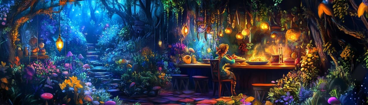 Side view of a whimsical forest kitchen, elves cooking magical dishes, vibrant colors and enchanted lights
