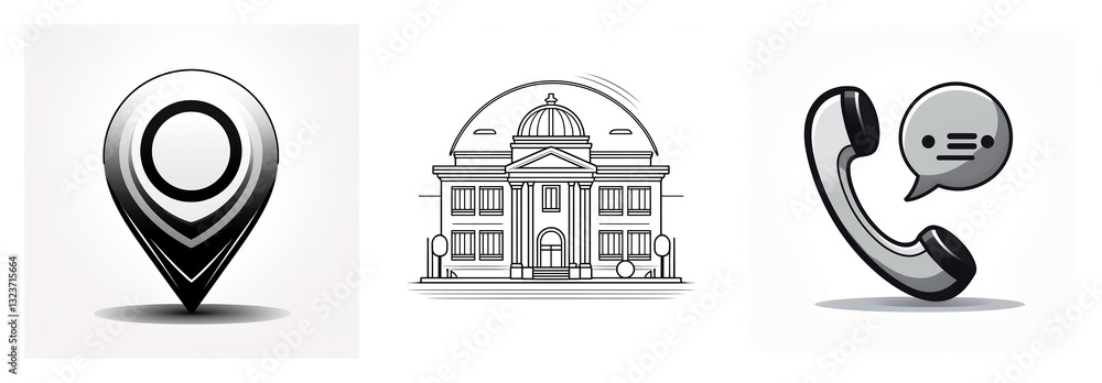 Poster three icons in grayscale display a location pin, a building with a dome, and a phone with a speech b