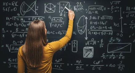 Woman solving complex mathematical equations on chalkboard