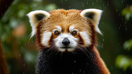 雨粒に濡れたレッサーパンダのしっとりとした表情
