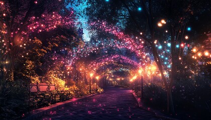 Fototapeta premium Side view of an urban park, enchanted fairies dancing above, fairy lights weaving through everyday life, a surreal harmony