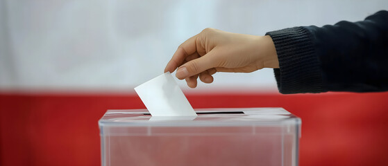 polish president voting 2025 concept with voter hand putting on blank paper into ballot
