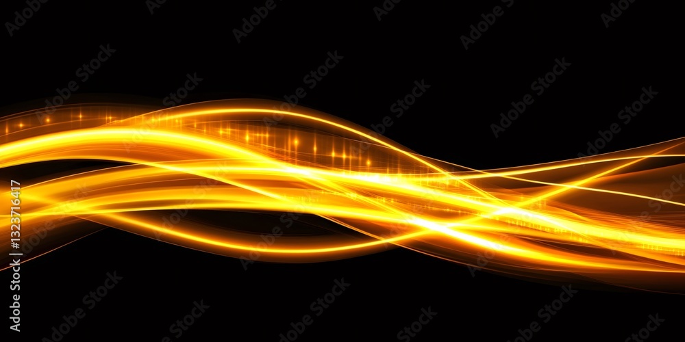 Poster golden light streams curving dynamically across dark backdrop, representing technological movement a