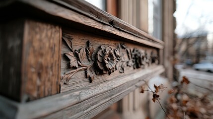 Intricate floral carvings adorn a weathered wooden surface, basking in soft light, evoking a sense of timeless craftsmanship and artistry.