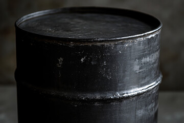 A close-up of a worn black metal barrel showing its scratched surface and faded paint under moody lighting  
