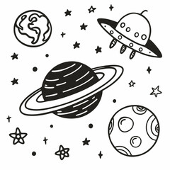 Hand Drawn Space Adventure Planets, UFOs, and Stars  Illustration