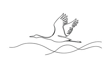 Fototapeta premium Elegant Crane Bird in Flight Over Wavy Ocean Line Art