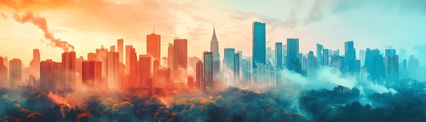 Vibrant cityscape at sunrise, half bathed in warm orange, half in cool teal mist.  Modern skyscrapers pierce the clouds, creating a dramatic urban scene.
