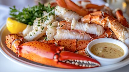 A fresh and steaming seafood dish, featuring crab legs, lobster tail, and shrimp, served with dipping sauces on a white plate.