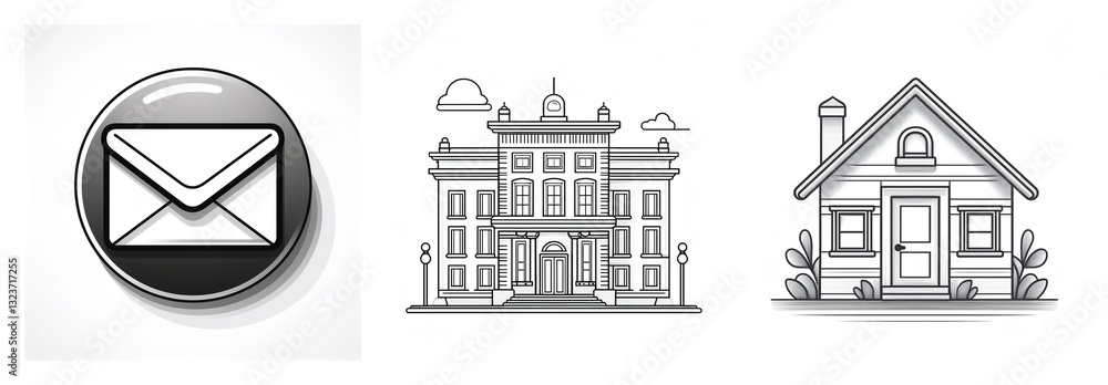 Poster three grayscale icons are displayed: a circular email symbol, a detailed building with columns, and 