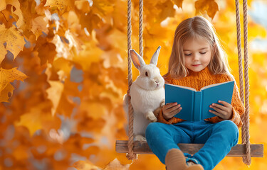 Child reading a book with a rabbit in autumn outdoor swing cozy setting warm atmosphere