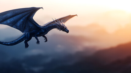 Obraz premium Majestic Blue Dragon Soaring Through a Sunset Sky Over Mountain Landscape