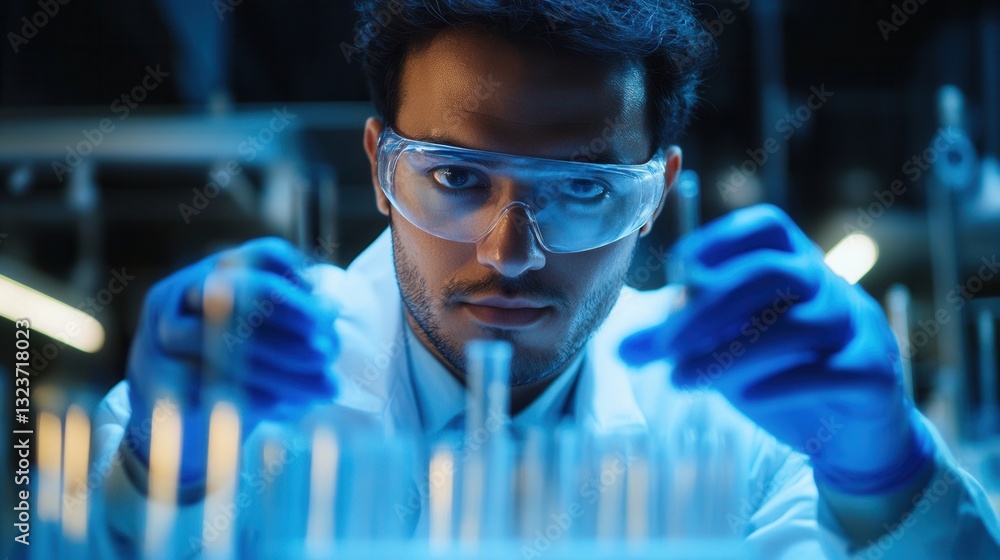 Poster scientist conducting experiments in a modern laboratory with a test tube in hand and a sterile envir