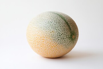 A ripe cantaloupe melon sitting against a plain white background