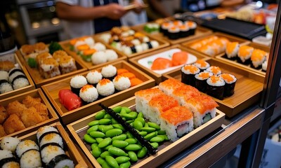Fototapeta premium Assortment of japanese foods in a market a high resolution photograph capturing a variety of japanese food products displayed in a market setting