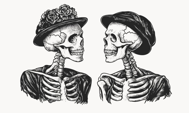 Vintage skeleton couple with hats and flowers - linear style icons set.
