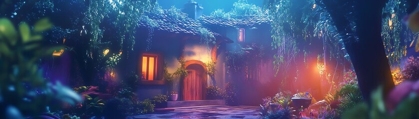 Enchanted forest house at night. Magical, mystical, fantasy home with glowing windows and path. Perfect for fairytale, dream, or game backgrounds.