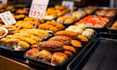 Assortment of japanese foods in a market a high resolution photograph capturing a variety of japanese food products displayed in a market setting