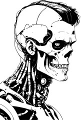 SVG vector features Frankenstein as a mechanical cyborg. Skeleton Robot with Mechanical Features in Black and White