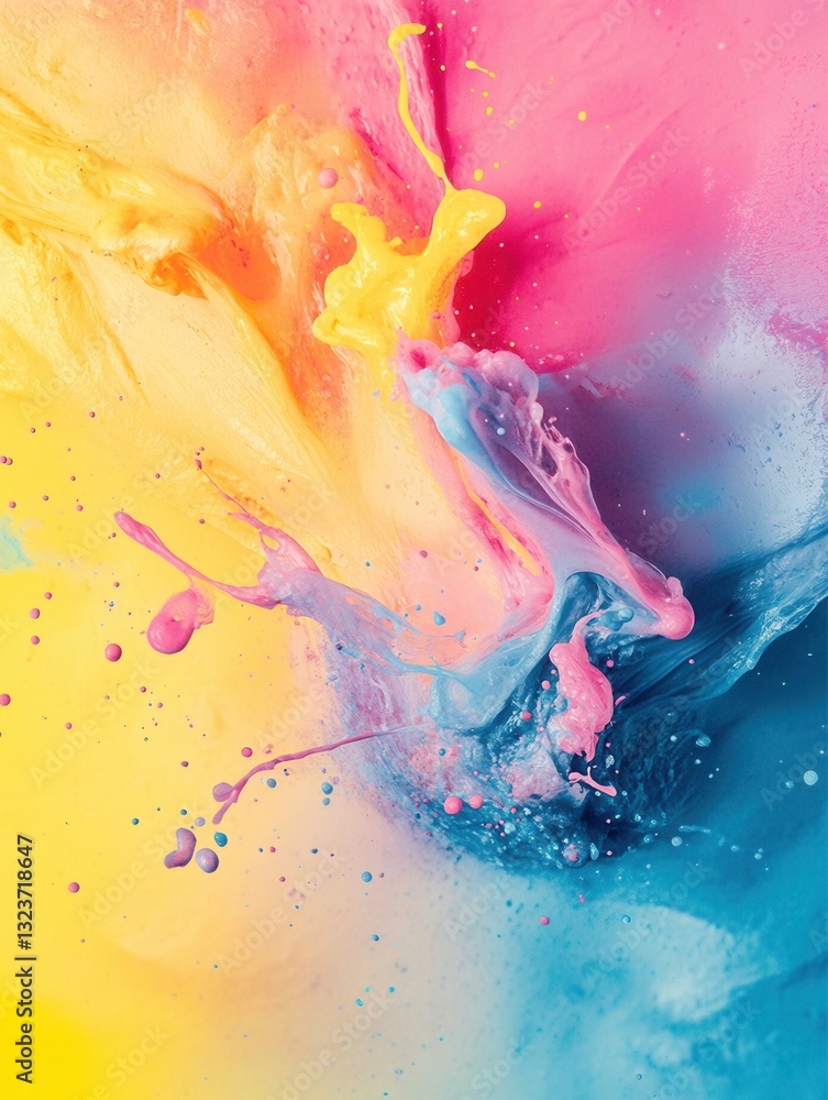 Poster vivid color splashes create an artistic backdrop with iridescent yellow, pink, and blue hues for dyn