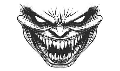 Creepy monster face with sharp teeth, grinning skull, aggressive character - linear icons set vector.